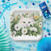 Waterverf witte kat in madeliefjes papieren bordje (Feest)