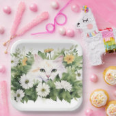 Waterverf witte kat in madeliefjes papieren bordje (Feest)