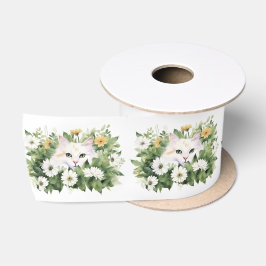Waterverf witte kat in madeliefjes satijnen lint