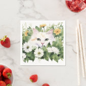 Waterverf witte kat in madeliefjes servet (Insitu)