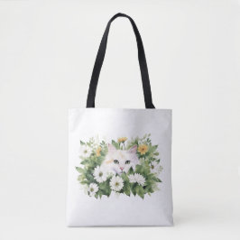 Waterverf witte kat in madeliefjes tote bag