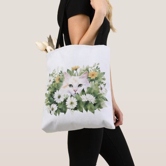 Waterverf witte kat in madeliefjes tote bag (Dichtbij)
