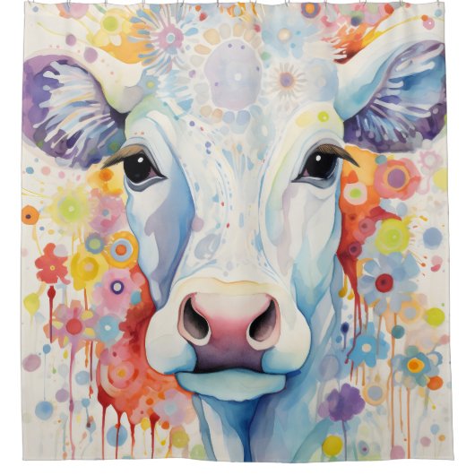 Waterverf Witte Koe Bubble Soft Douchegordijn (Voorkant)