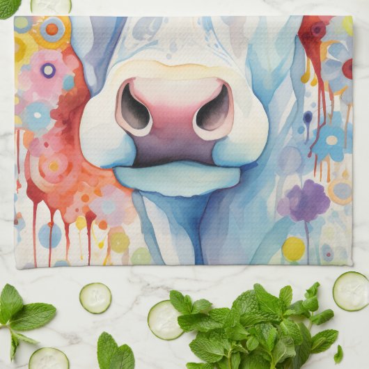 Waterverf Witte Koe Bubble Soft Theedoek (Gevouwen)