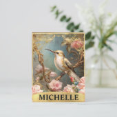 Waterverf  Witte Kolibrie & Roze Rozen Briefkaart (Staand voorkant)