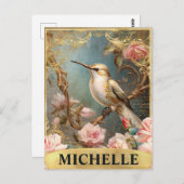 Waterverf  Witte Kolibrie & Roze Rozen Briefkaart (Voorkant / Achterkant)