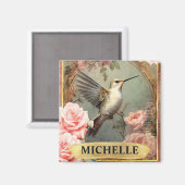 Waterverf Witte Kolibrie & Roze Rozen Magneet (Voorkant / Achterkant)