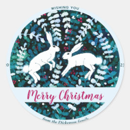 Waterverf witte konijntjes onder groen kerst ronde sticker
