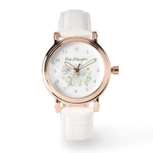 Waterverf Witte Kosmos Bloemen Botanische Schilder Horloge