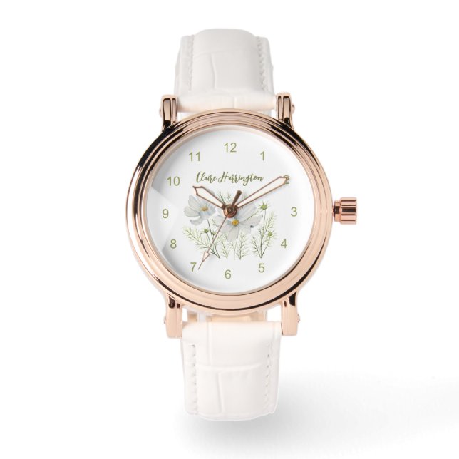 Waterverf Witte Kosmos Bloemen Botanische Schilder Horloge (Voorkant)