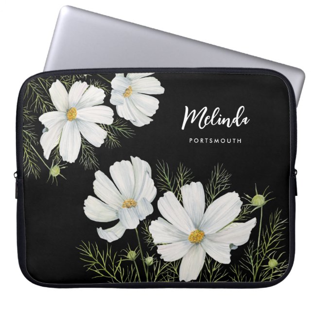 Waterverf Witte Kosmos Bloemen Botanische Schilder Laptop Sleeve (Voorkant)