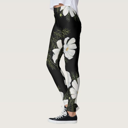 Waterverf Witte Kosmos Bloemen Botanische Schilder Leggings (Links)