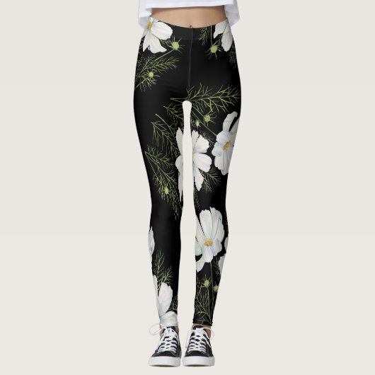 Waterverf Witte Kosmos Bloemen Botanische Schilder Leggings (Voorkant)