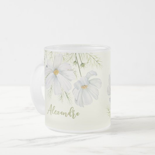 Waterverf Witte Kosmos Bloemen Botanische Schilder Matglas Koffiemok (Voorkant links)