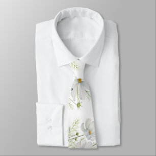 Waterverf Witte Kosmos Bloemen Botanische Schilder Stropdas