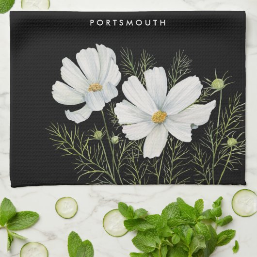 Waterverf Witte Kosmos Bloemen Botanische Schilder Theedoek (Gevouwen)