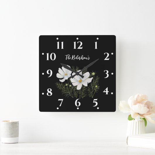 Waterverf Witte Kosmos Bloemen Botanische Schilder Vierkante Klok (Huis)