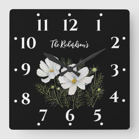 Waterverf Witte Kosmos Bloemen Botanische Schilder Vierkante Klok (Voorkant)