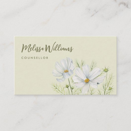 Waterverf Witte Kosmos Bloemen Botanische Schilder Visitekaartje (Voorkant)