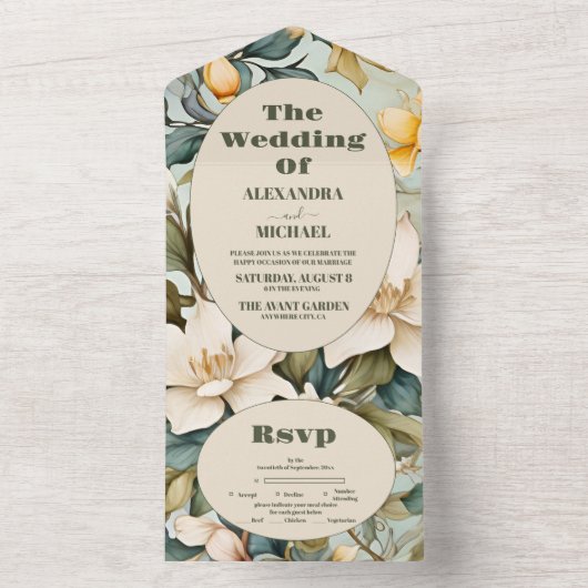 Waterverf witte lelie art nouveau bruiloft all in one uitnodiging (Binnen)