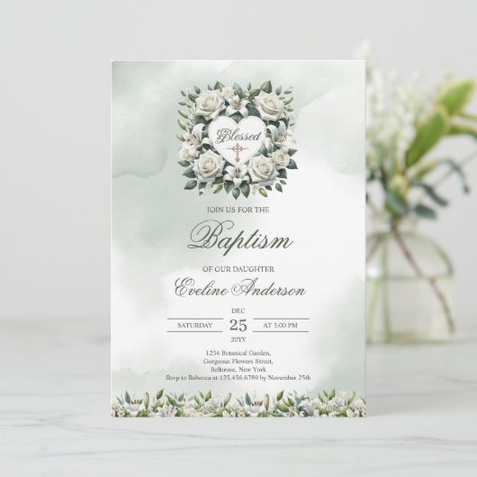 Waterverf witte lelies en gouden doop kaart (Staand voorkant)