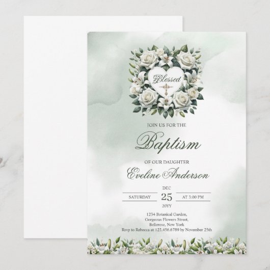 Waterverf witte lelies en gouden doop kaart (Voorkant / Achterkant)