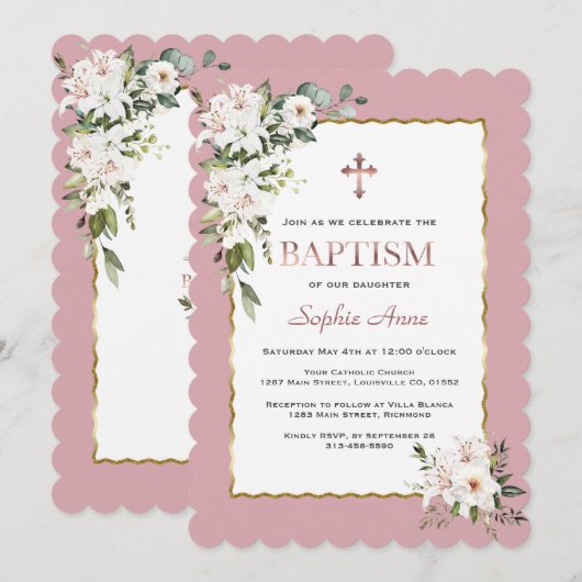 Waterverf Witte Lelies Roze Goud Meisje Doop  Kaart (Voorkant / Achterkant)