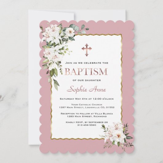 Waterverf Witte Lelies Roze Goud Meisje Doop Kaart (Voorkant)