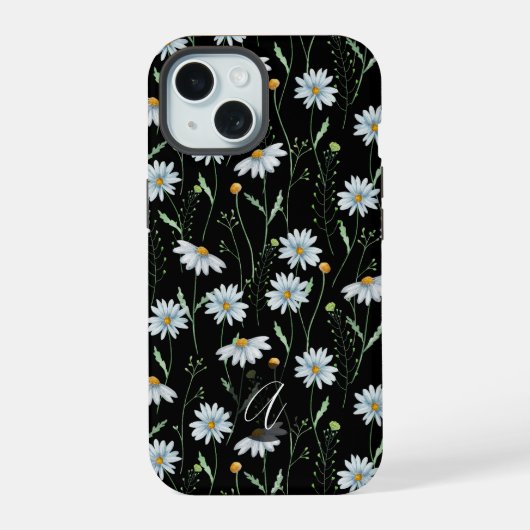 Waterverf Witte Madeliefjes Monogram Initiaal iPhone 15 Case (Achterkant)