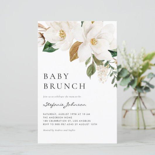 Waterverf Witte Magnolia Baby Brunch Uitnodiging (Staand voorkant)