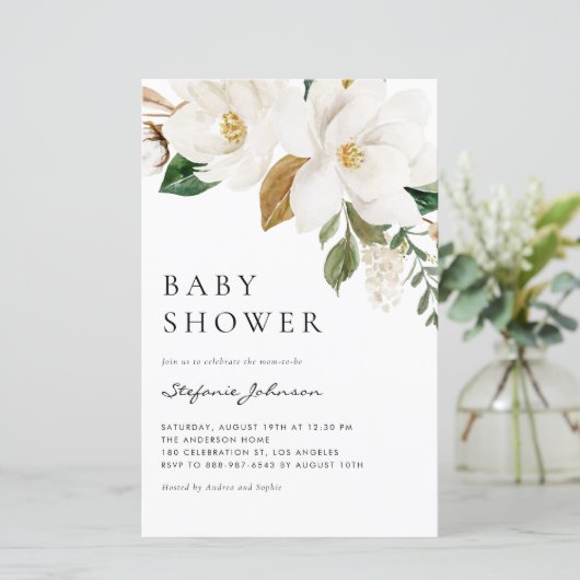 Waterverf Witte Magnolia Baby shower Uitnodiging (Staand voorkant)