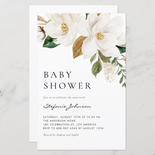 Waterverf Witte Magnolia Baby shower Uitnodiging (Voorkant / Achterkant)