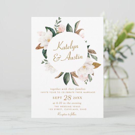 Waterverf witte magnolia bloemenbruiloft kaart (Staand voorkant)