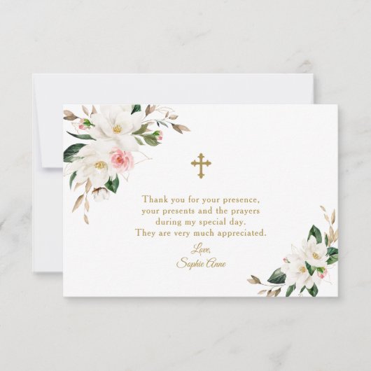 Waterverf Witte Magnolia Roze Bloem Doop  Bedankkaart (Voorkant)