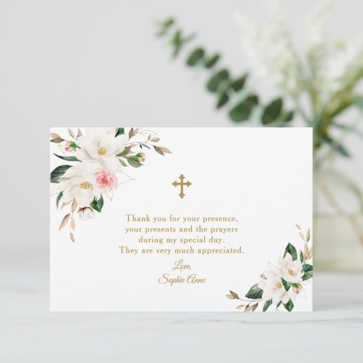 Waterverf Witte Magnolia Roze Bloem Doop  Bedankkaart (Staand voorkant)