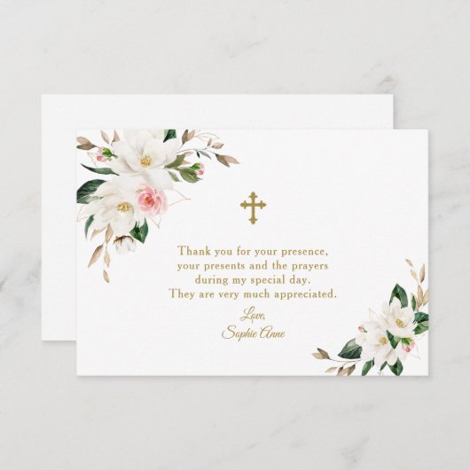 Waterverf Witte Magnolia Roze Bloem Doop  Bedankkaart (Voorkant / Achterkant)