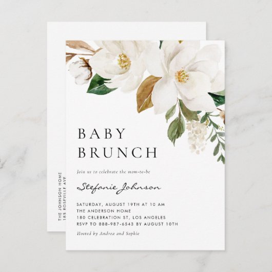 Waterverf Witte Magnolia Rustieke Baby Brunch Uitnodiging Briefkaart (Voorkant / Achterkant)