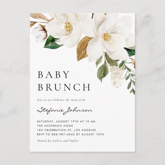 Waterverf Witte Magnolia Rustieke Baby Brunch Uitnodiging Briefkaart (Voorkant)