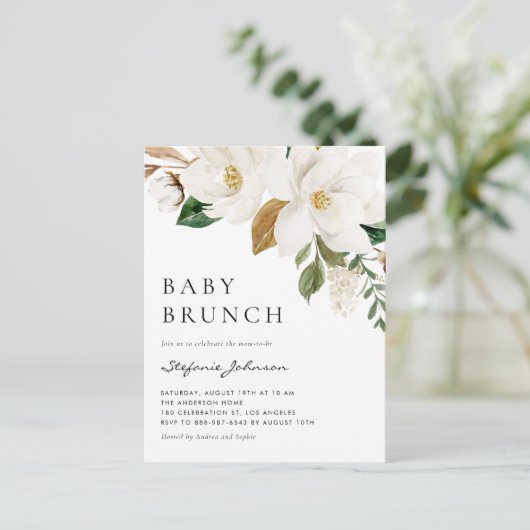 Waterverf Witte Magnolia Rustieke Baby Brunch Uitnodiging Briefkaart (Staand voorkant)
