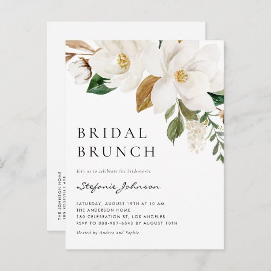 Waterverf Witte Magnolia rustieke bruids brunch Uitnodiging Briefkaart (Voorkant / Achterkant)