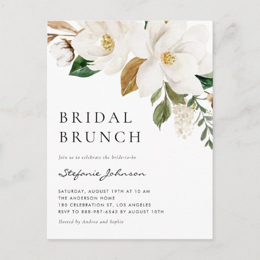 Waterverf Witte Magnolia rustieke bruids brunch Uitnodiging Briefkaart (Voorkant)