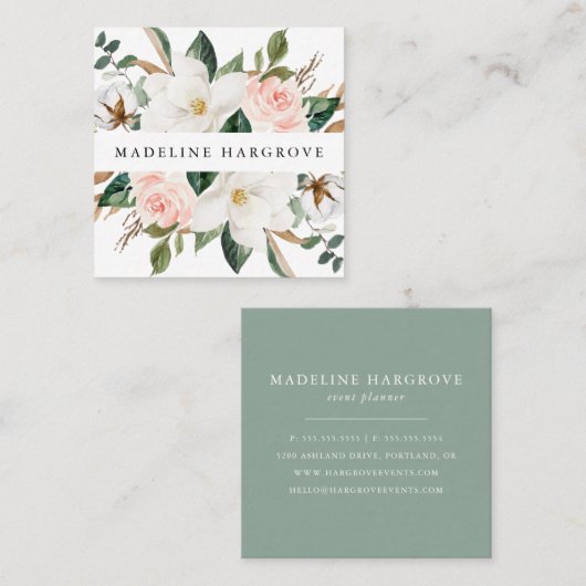 Waterverf Witte Magnolia's & Blush Bloemen Vierkante Visitekaartje (Voorkant / Achterkant)