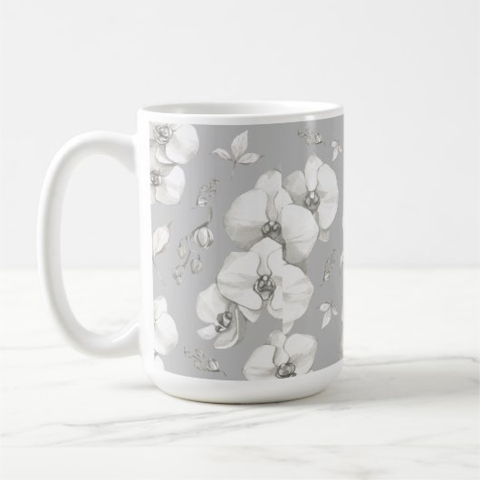 Waterverf Witte Orchidee op Grijs | Koffiemok (Links)