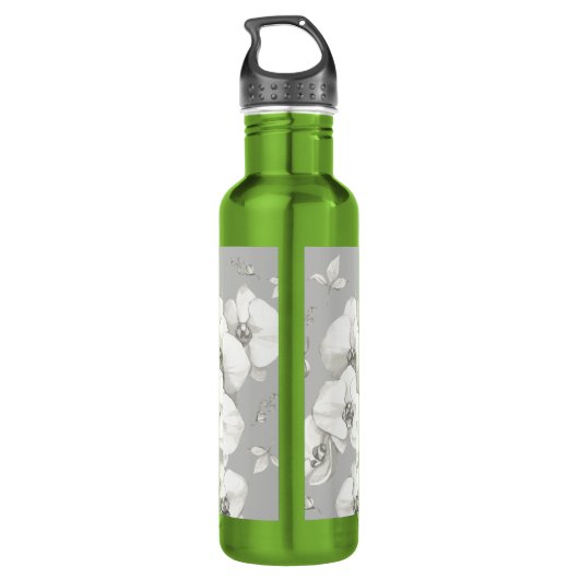 Waterverf Witte Orchidee op Grijs | Waterfles (Achterkant)