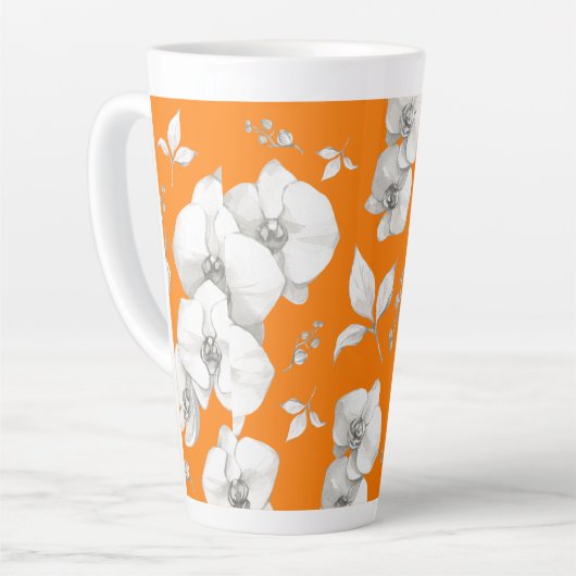 Waterverf Witte Orchidee op Sinaasappel | Latte Mok (Linkerhoek)
