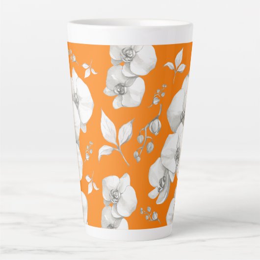 Waterverf Witte Orchidee op Sinaasappel | Latte Mok (Voorkant)
