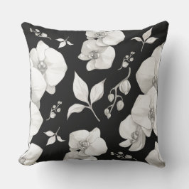 Waterverf Witte Orchidee op Zwart | Buitenkussen