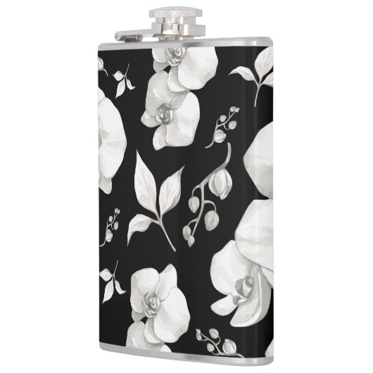 Waterverf Witte Orchidee op Zwart | Heupfles (Links)