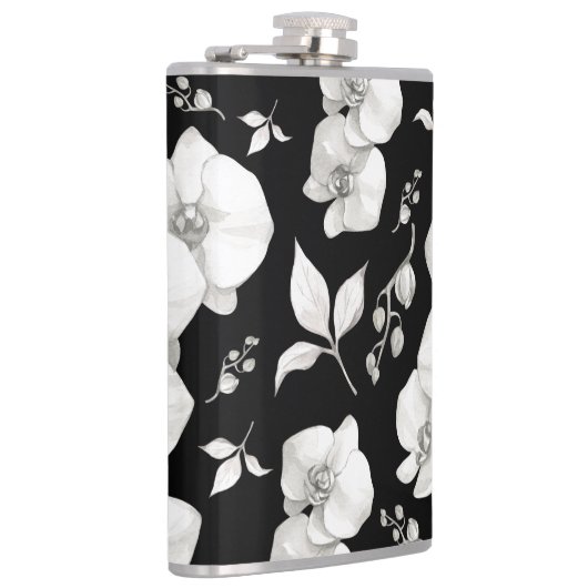 Waterverf Witte Orchidee op Zwart | Heupfles (Rechts)