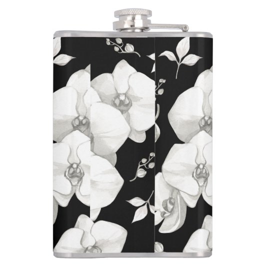 Waterverf Witte Orchidee op Zwart | Heupfles (Achterkant)